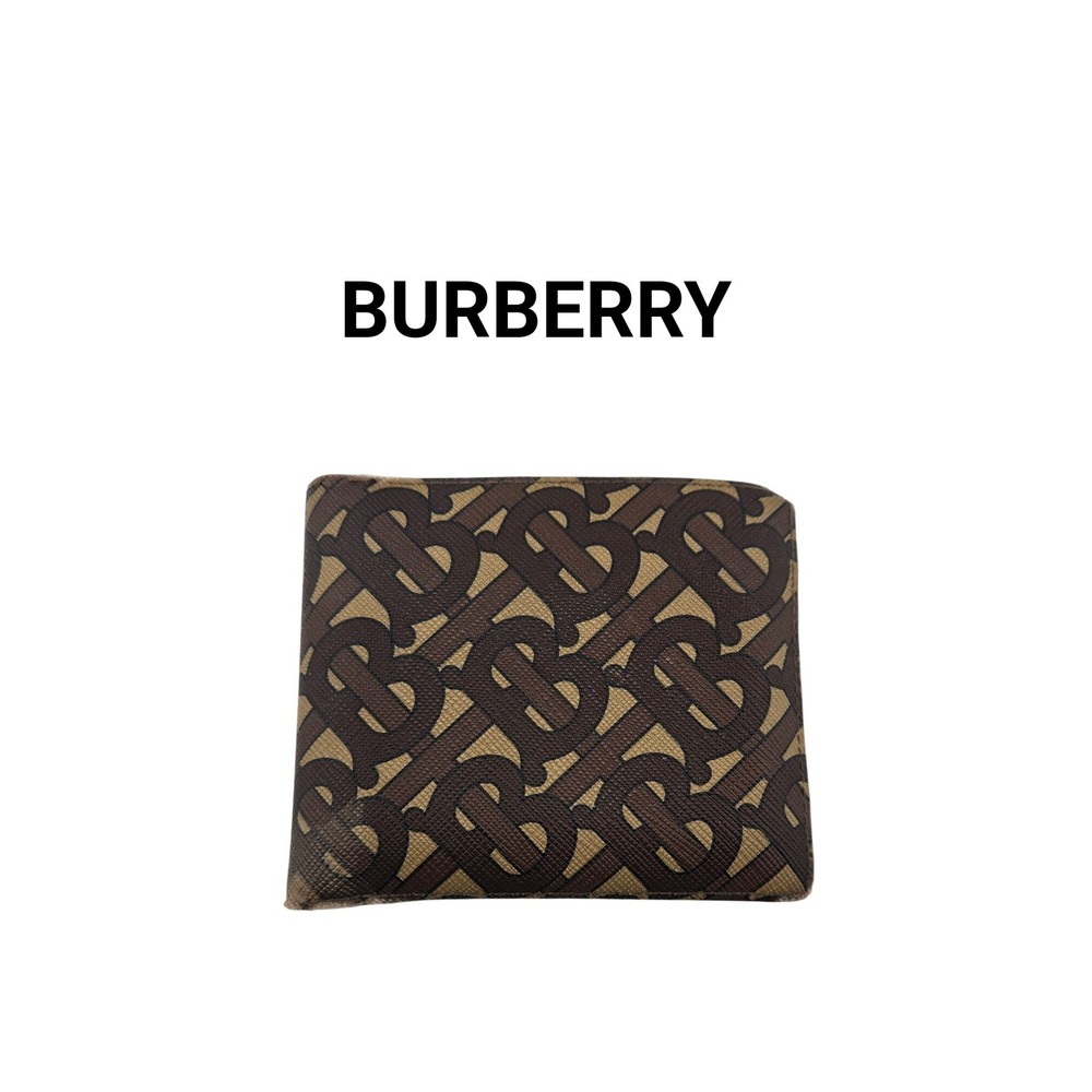 Burberry TB Monogram E-Canvas Bifold Wallet Brown Leather Coin Pocket COA